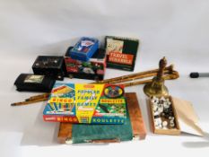 A BOX OF GAMES TO INCLUDE POKER SET, TRAVEL SCRABBLE,