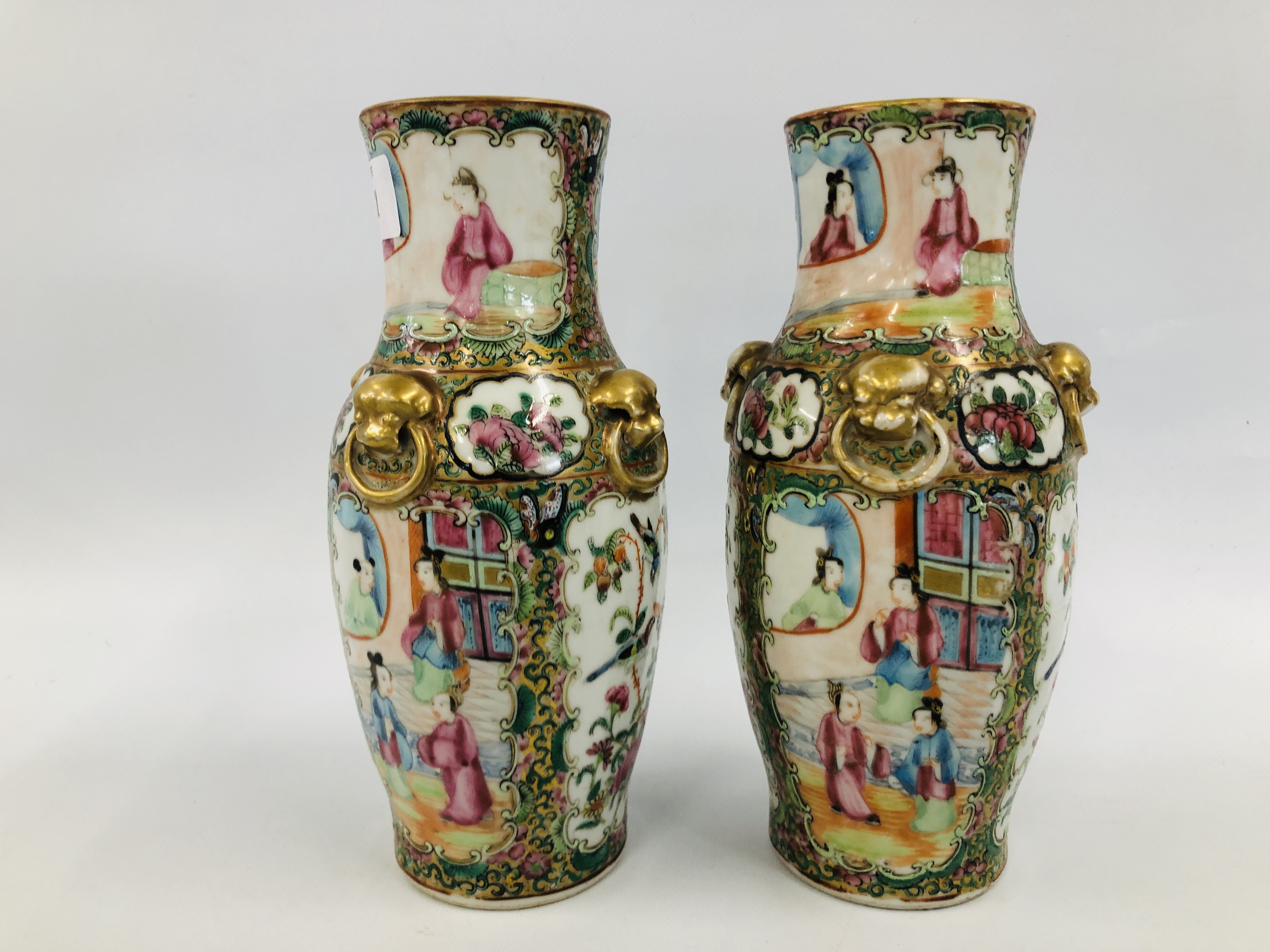 3 X PAIRS OF CANTONESE FAMILLE ROSE VASES, THE LARGEST H 22.5CM (GOOD CONDITION, THE OTHERS H 14. - Image 14 of 17