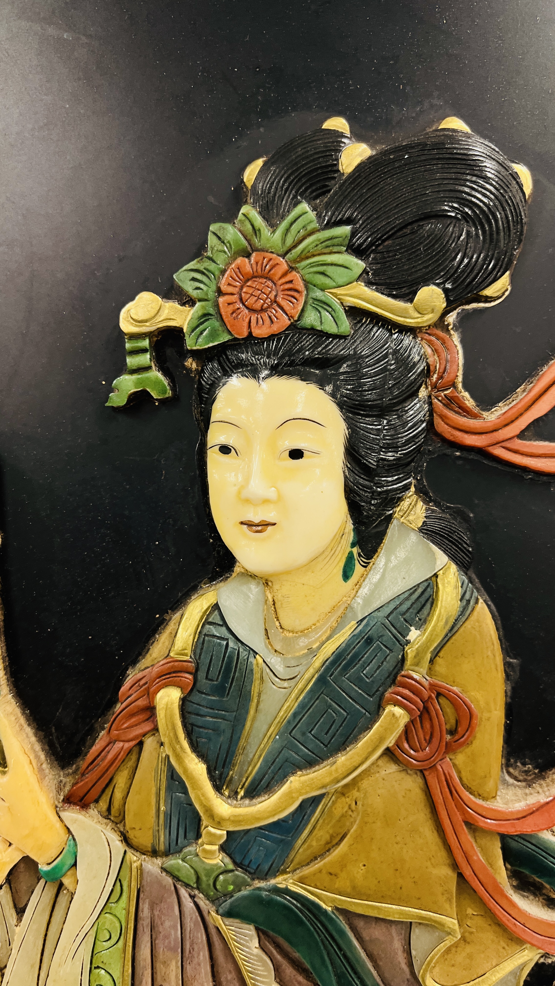 A FRAMED ORIENTAL LACQUERED WALL HANGING PANEL, H 91.5CM X W 61CM. - Image 3 of 7