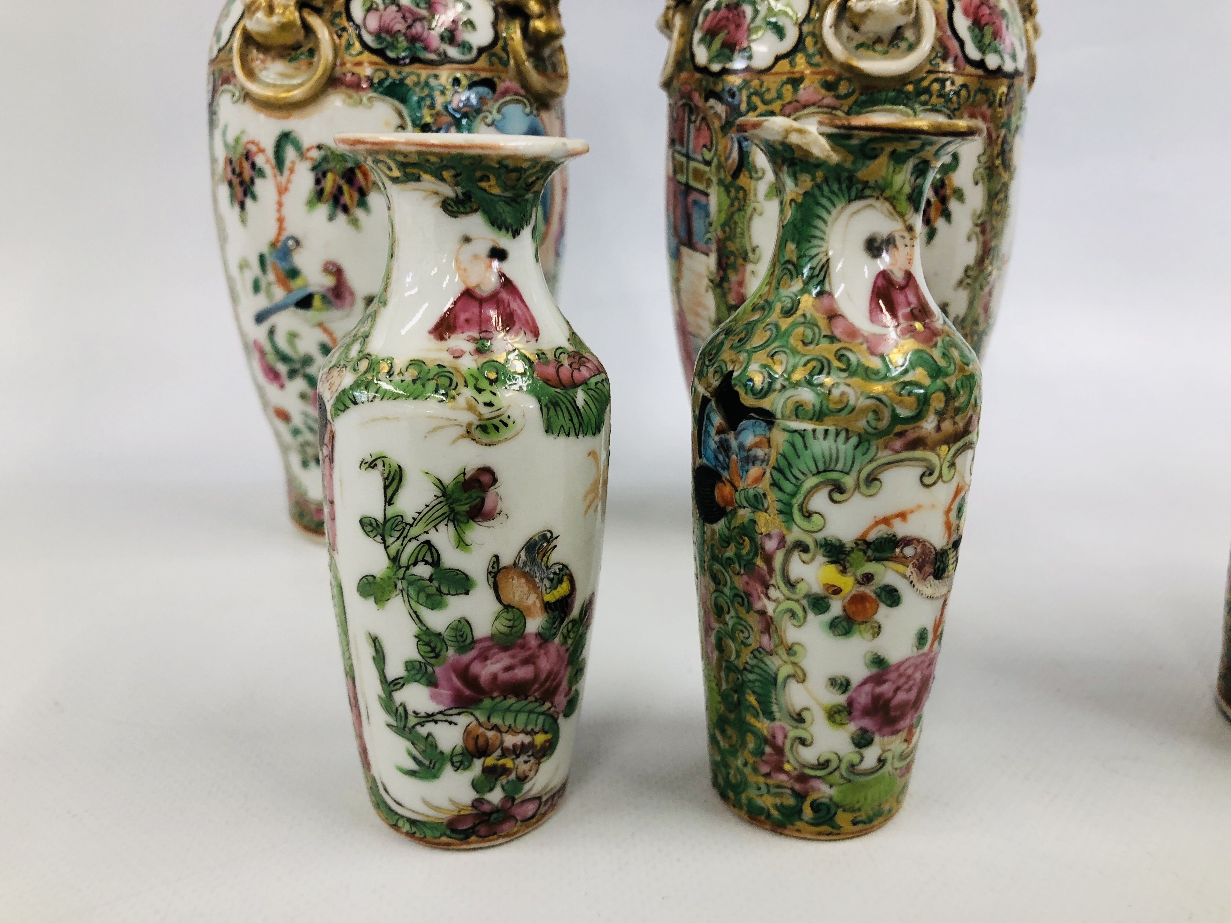 3 X PAIRS OF CANTONESE FAMILLE ROSE VASES, THE LARGEST H 22.5CM (GOOD CONDITION, THE OTHERS H 14. - Image 9 of 17