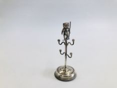 A VINTAGE MINIATURE JEWELLERY STAND WITH CENTRAL TEDDY BEAR, BIRMINGHAM ASSAY. H 8CM.