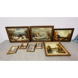 A PAIR OF GILT FRAMED OIL ON CANVAS PICTURES DEPICTING COTTAGES IN A SNOWY LANDSCAPE W 105.