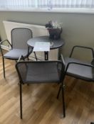 A METAL FRAMED BISTRO SET COMPRISING CIRCULAR TABLE AND THREE CHAIRS.