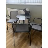 A METAL FRAMED BISTRO SET COMPRISING CIRCULAR TABLE AND THREE CHAIRS.