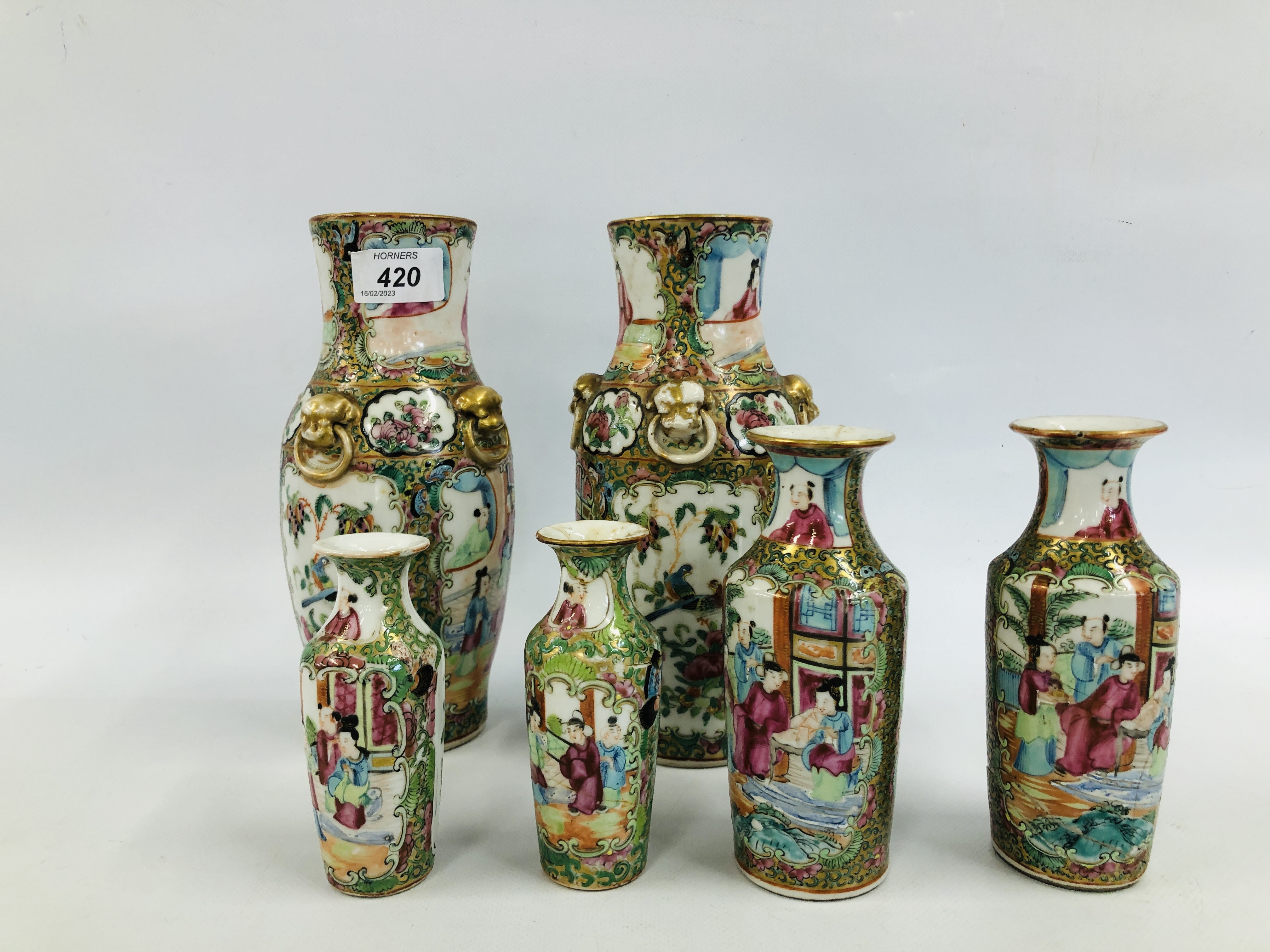 3 X PAIRS OF CANTONESE FAMILLE ROSE VASES, THE LARGEST H 22.5CM (GOOD CONDITION, THE OTHERS H 14.