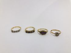 A GROUP OF THREE 9CT GOLD STONE SET RINGS (ONE HAS A MISSING STONE) ALONG WITH AN 18CT GOLD STONE