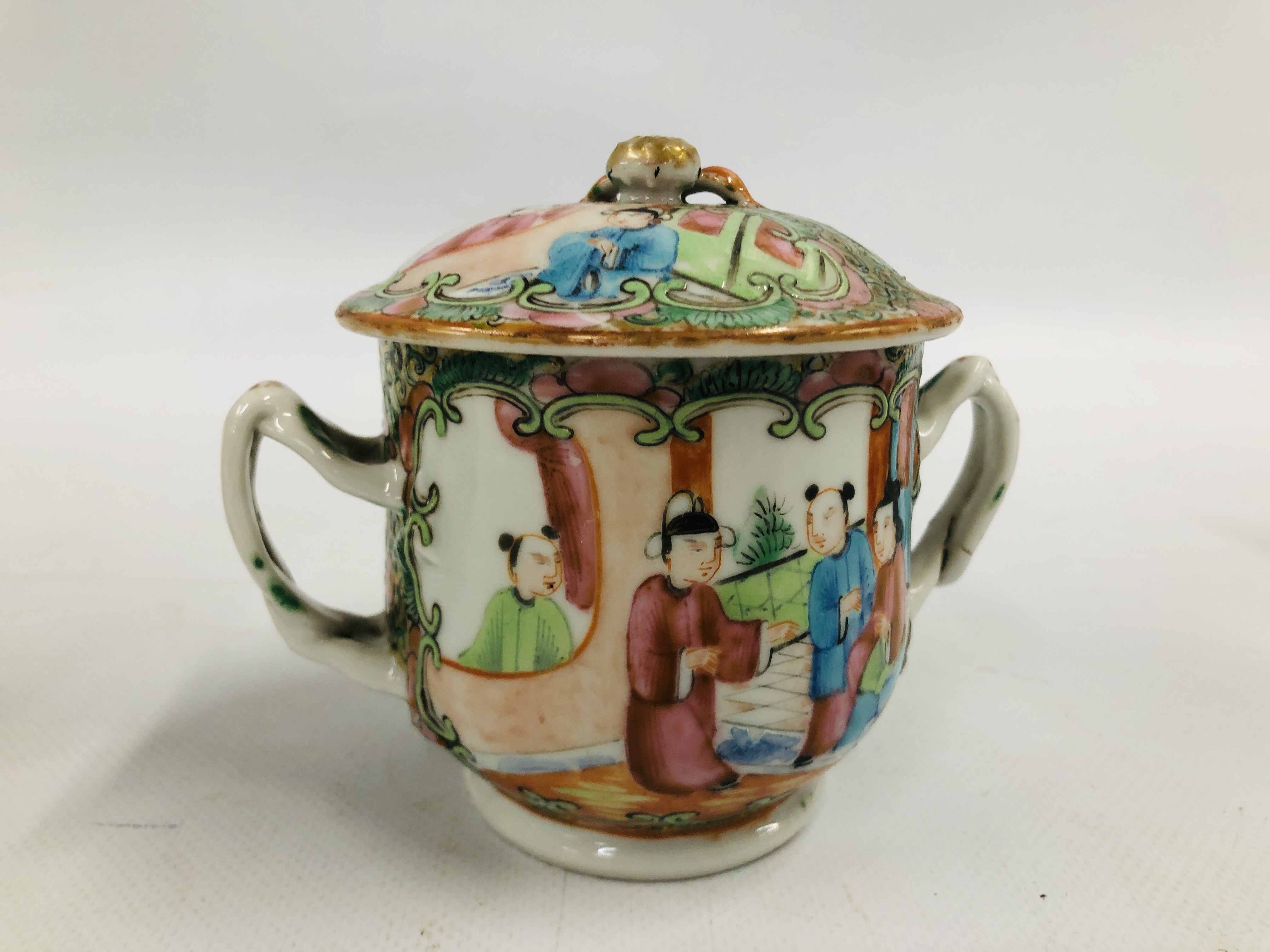 CANTONESE TEAPOT AND COVER ALONG WITH A SUGAR BASIN AND COVER AND A PAIR OF TWO HANDLED BOWLS AND - Image 9 of 17