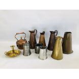 A GROUP OF MIXED METAL WARES TO INCLUDE COPPER KETTLE, 4 COPPER JUGS AND A COPPER EXAMPLE,