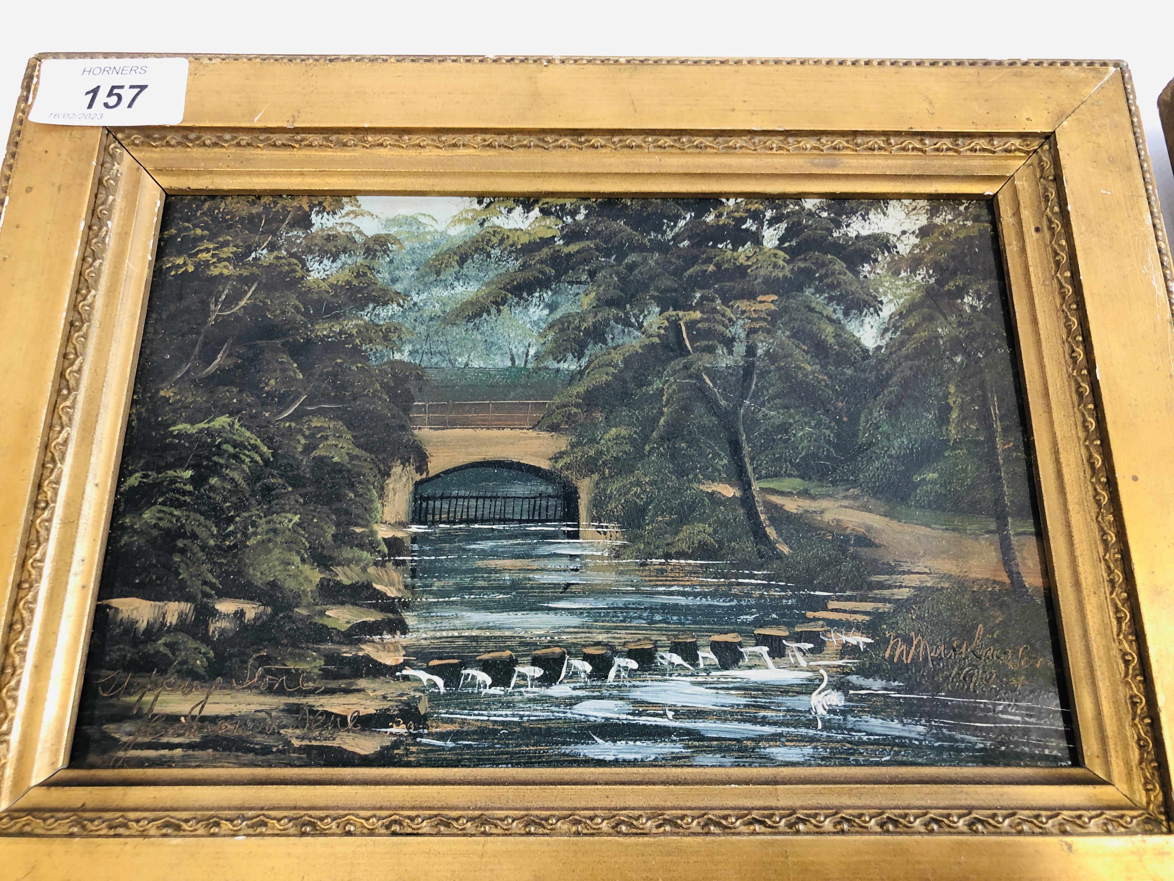 A PAIR OF GILT FRAMED OIL ON BOARDS RIVER SCENES, BEARING SIGNATURE M. - Image 4 of 6