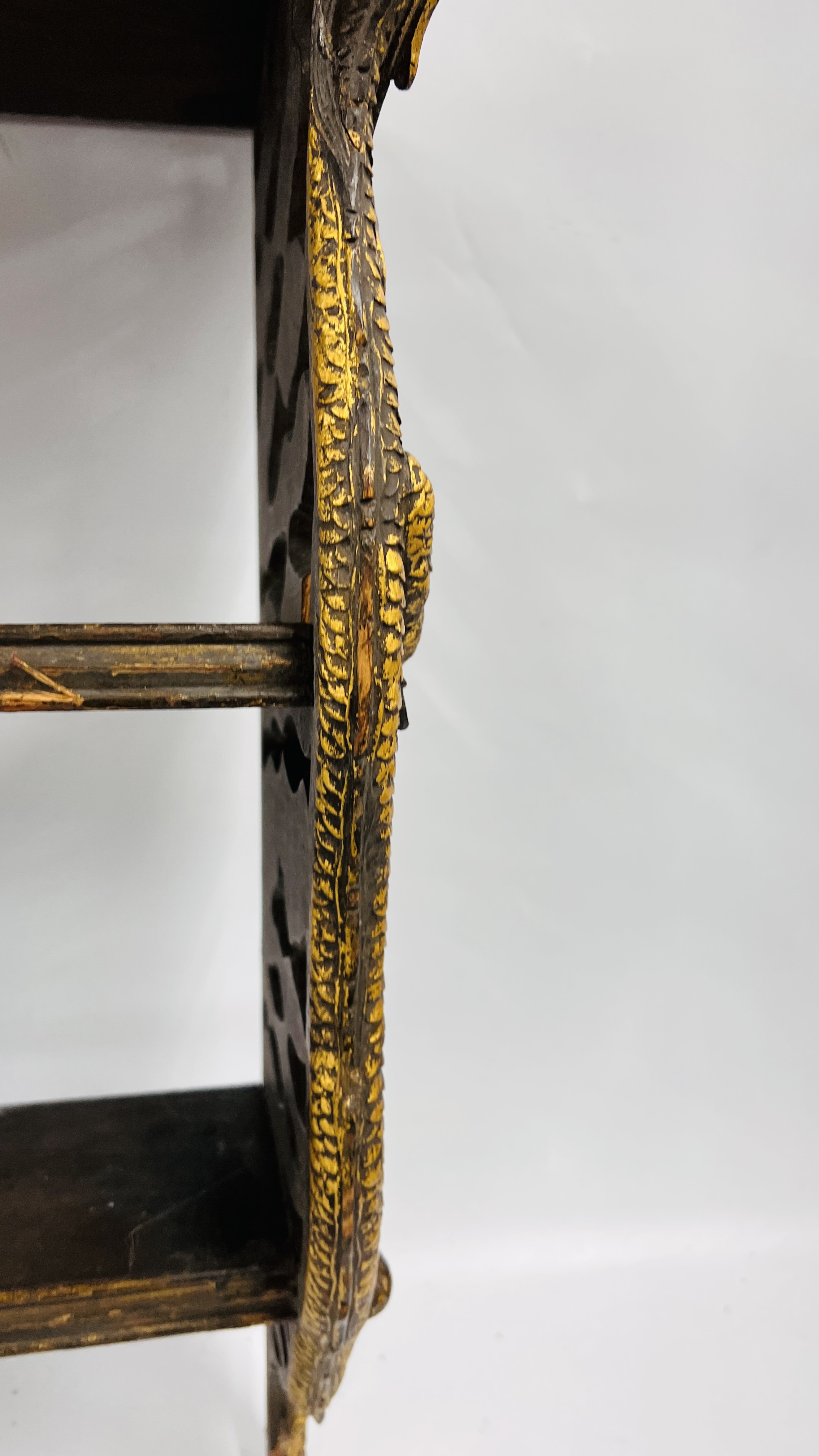 C20TH CHINESE STYLE THREE TIER BRACKET SHELF WITH DRAGON CARVED DETAIL - W 117CM. H 60CM. D 24CM. - Image 5 of 9