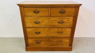 A VINTAGE TWO OVER THREE DRAWER PINE CHEST OF DRAWERS WITH BRASS HANDLES, W 104CM, D 49CM, H 101CM.