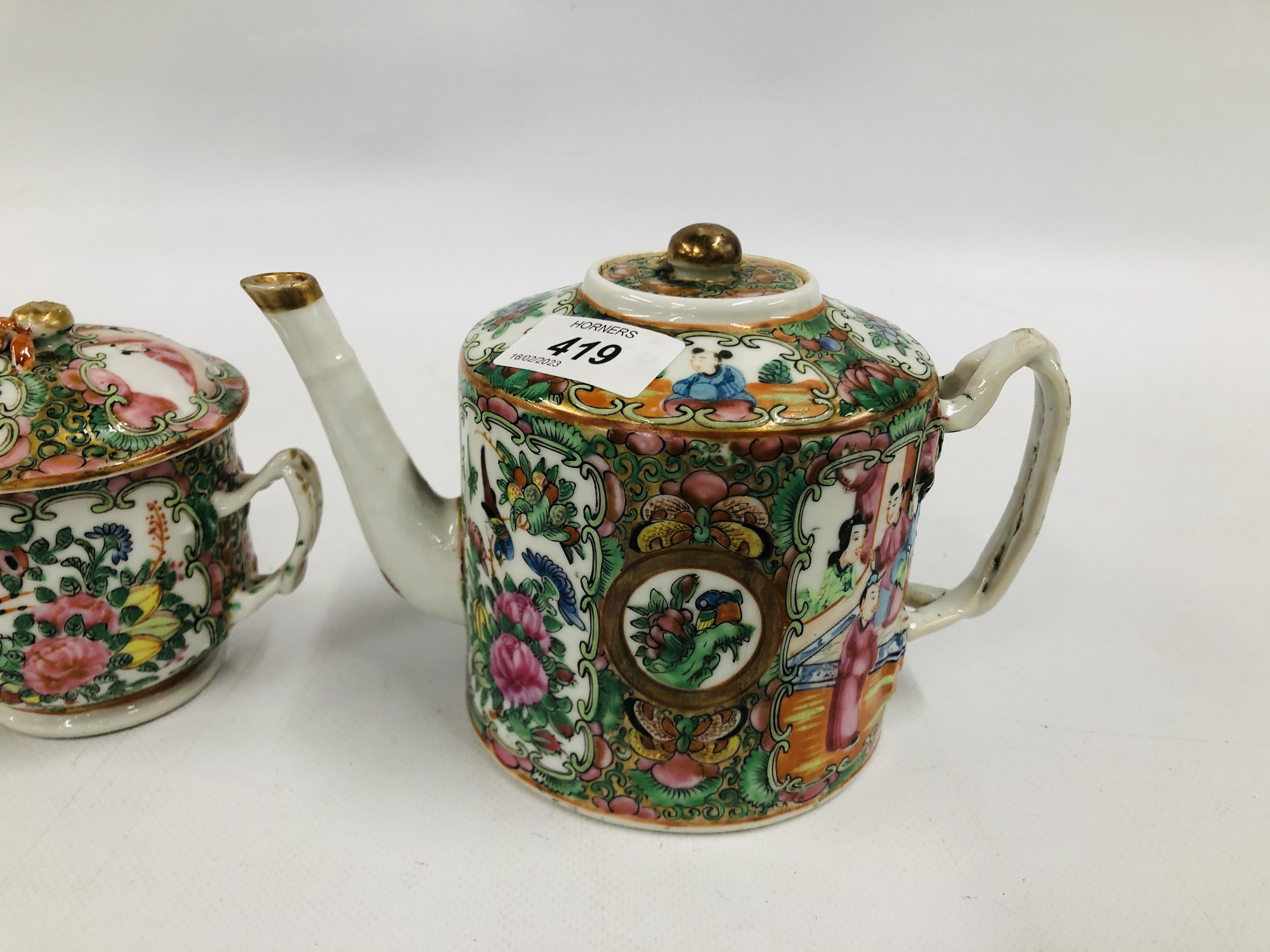 CANTONESE TEAPOT AND COVER ALONG WITH A SUGAR BASIN AND COVER AND A PAIR OF TWO HANDLED BOWLS AND - Image 2 of 17