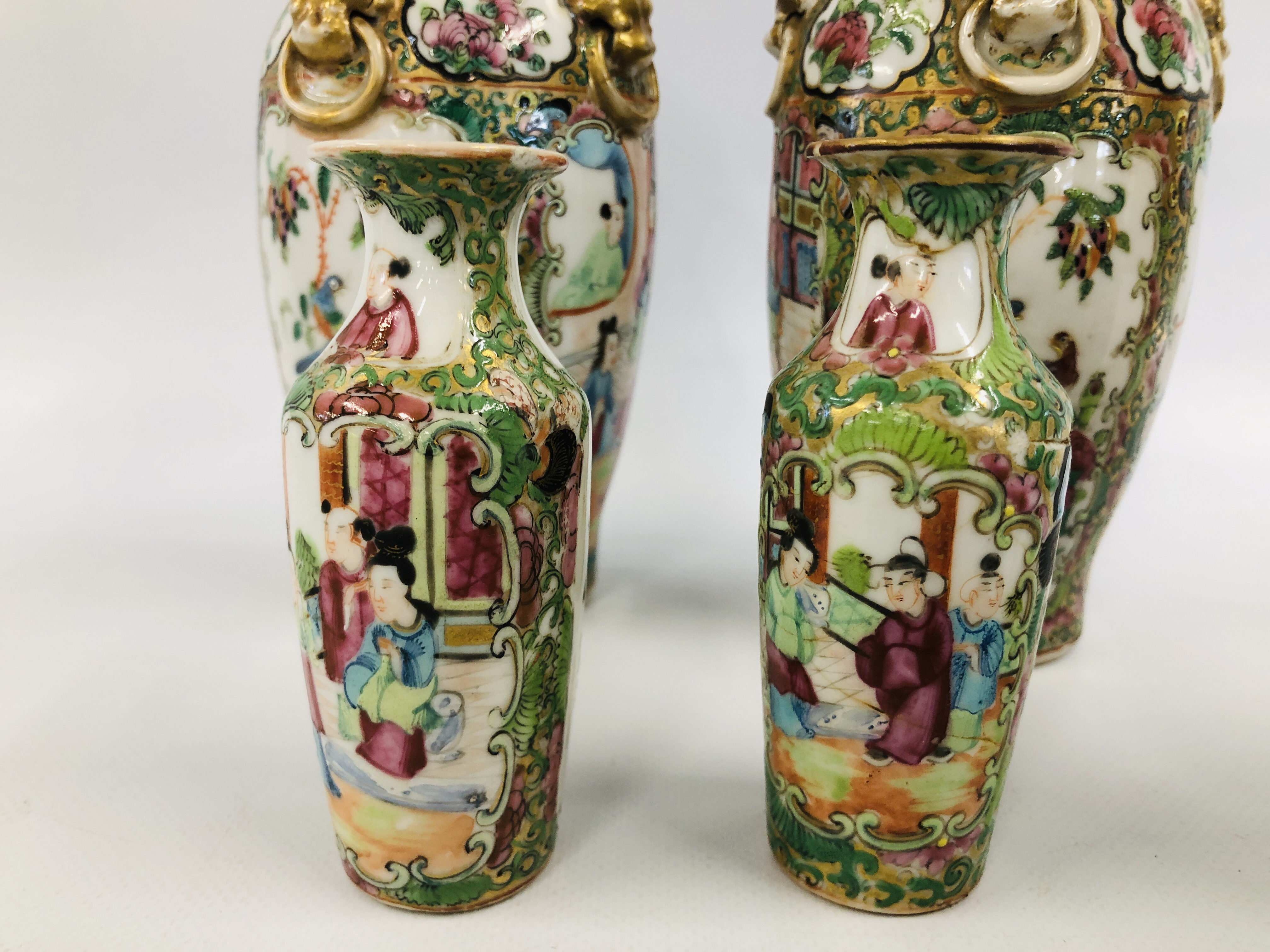 3 X PAIRS OF CANTONESE FAMILLE ROSE VASES, THE LARGEST H 22.5CM (GOOD CONDITION, THE OTHERS H 14. - Image 8 of 17