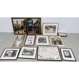 A GROUP OF THIRTEEN VARIOUS PRINTS AND PICTURES TO INCLUDE TWO JAMES ALLEN OIL ON BOARD NORWICH