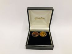 PAIR OF VINTAGE SILVER CLIP ON EARRINGS INSET WITH CIRCULAR AMBER DISCS.