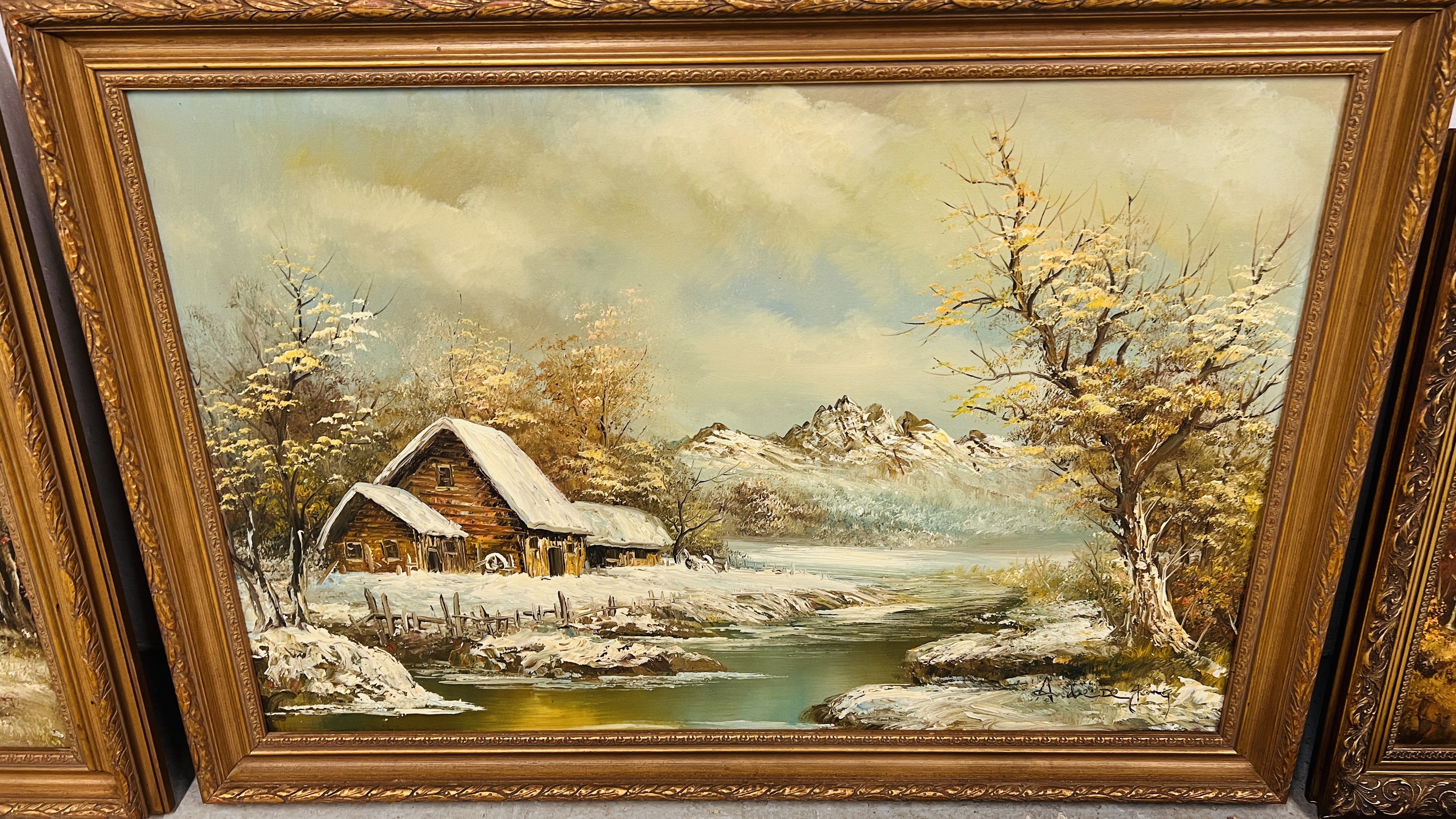 A PAIR OF GILT FRAMED OIL ON CANVAS PICTURES DEPICTING COTTAGES IN A SNOWY LANDSCAPE W 105. - Image 4 of 9