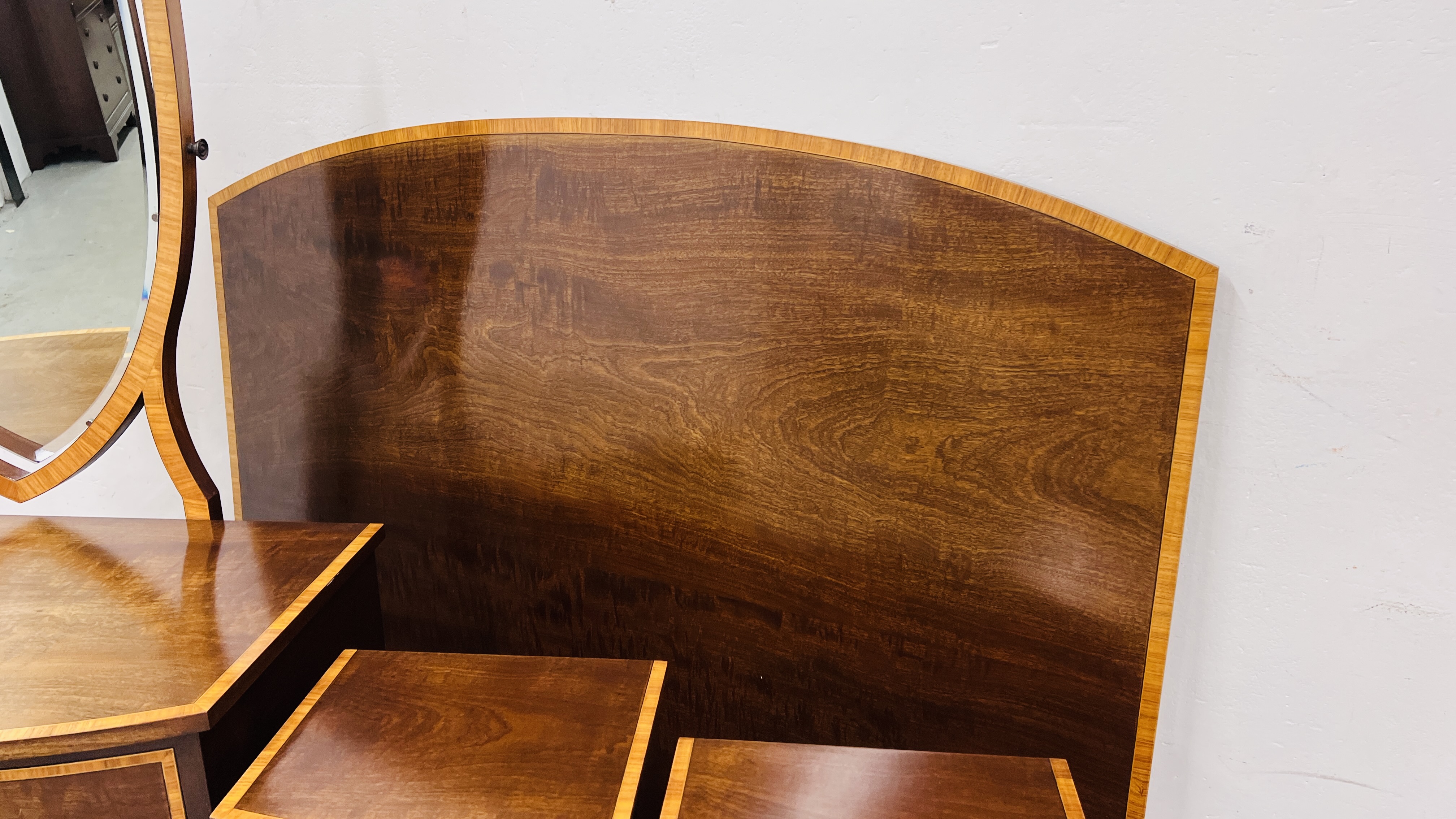 A GOOD QUALITY MAHOGANY TWO OVER THREE DRAWER BOW FRONTED DRESSING CHEST WITH SHIELD SHAPE MIRROR - Image 6 of 10