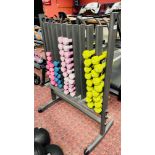 A PROFESSIONAL GYM DUMB BELL STAND CONTAINING 63 X PHYSICAL DUMB BELLS VARIOUS WEIGHTS - SOLD AS