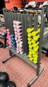 A PROFESSIONAL GYM DUMB BELL STAND CONTAINING 63 X PHYSICAL DUMB BELLS VARIOUS WEIGHTS - SOLD AS