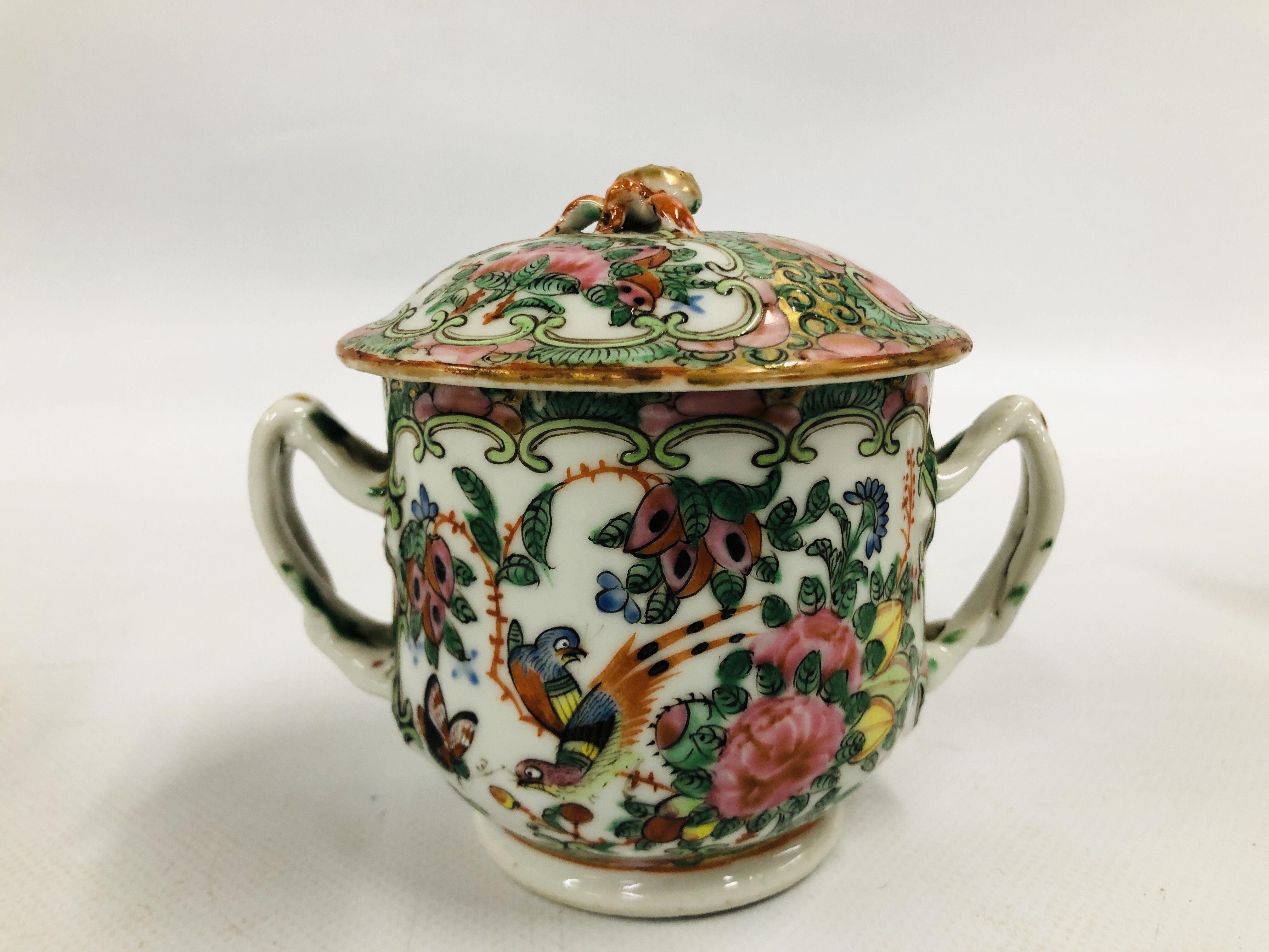 CANTONESE TEAPOT AND COVER ALONG WITH A SUGAR BASIN AND COVER AND A PAIR OF TWO HANDLED BOWLS AND - Image 7 of 17