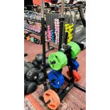 A PROFESSIONAL GYM WEIGHT STAND CONTAINING 18 X BAR WEIGHTS VARIOUS SIZES - MAINLY BODY POWER ALONG