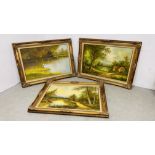 A GROUP OF 3 GILT FRAMED LANDSCAPE AND RIVER PICTURES, OIL ON CANVAS - W 112CM. X H 81.5CM.