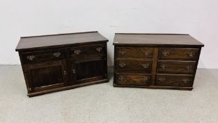 A GOOD QUALITY SOLID OAK 6 DRAWER LOW CHEST ALONG WITH SOLID OAK 2 DRAWER OVER 2 DOOR CUPBOARD LOW