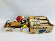 TWO BOXES OF COLLECTABLE'S TO INCLUDE A HANDCRAFTED WOODEN CAR, GRADUATED SET OF M&M COLLECTABLE'S,