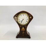 A MAHOGANY CASED WAISTED MANTEL CLOCK WITH NOUVEAU STYLE INLAID DECORATION (NO GLASS).