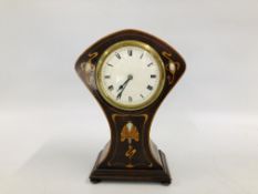 A MAHOGANY CASED WAISTED MANTEL CLOCK WITH NOUVEAU STYLE INLAID DECORATION (NO GLASS).