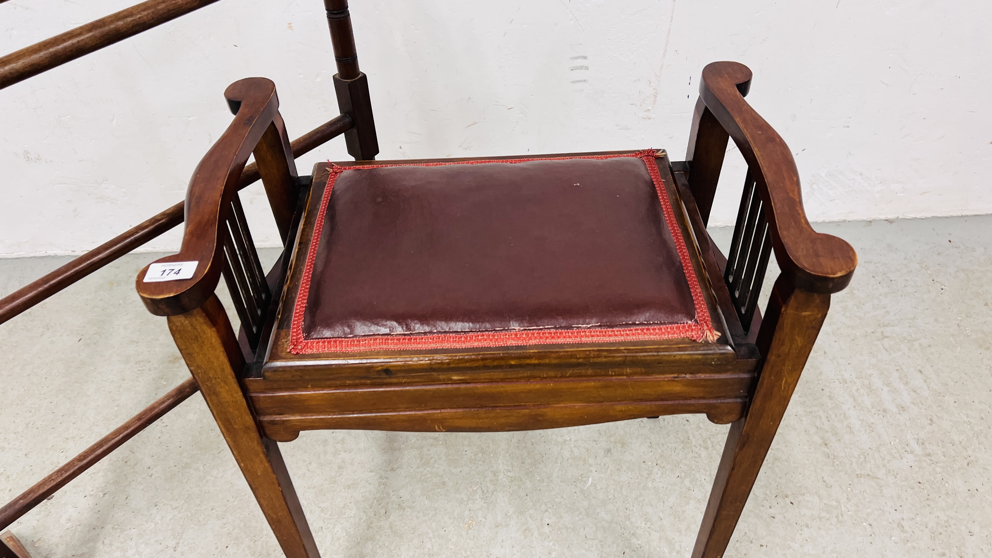 VINTAGE MAHOGANY TOWEL RAIL ALONG WITH A MAHOGANY FRAMED PIANO STOOL. - Image 2 of 8