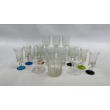 A GROUP OF WHITEFRIARS STYLE DRINKING GLASSES + A PAIR OF ROYAL BAVARIAN CRYSTAL CANDLE HOLDERS + A