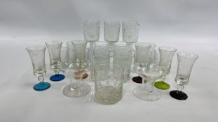 A GROUP OF WHITEFRIARS STYLE DRINKING GLASSES + A PAIR OF ROYAL BAVARIAN CRYSTAL CANDLE HOLDERS + A