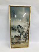 A FRAMED ORIENTAL SILK H 94CM. X W 44CM. DEPICTING GEISHA AND CHERRY BLOSSOM.