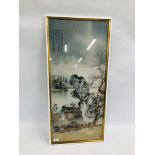 A FRAMED ORIENTAL SILK H 94CM. X W 44CM. DEPICTING GEISHA AND CHERRY BLOSSOM.