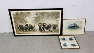 FRAMED DAVID SHEPHERD PRINT "ELEPHANTS AT AMBOSELI" ALONG WITH FRAMED DAVID SHEPHERD STEAM