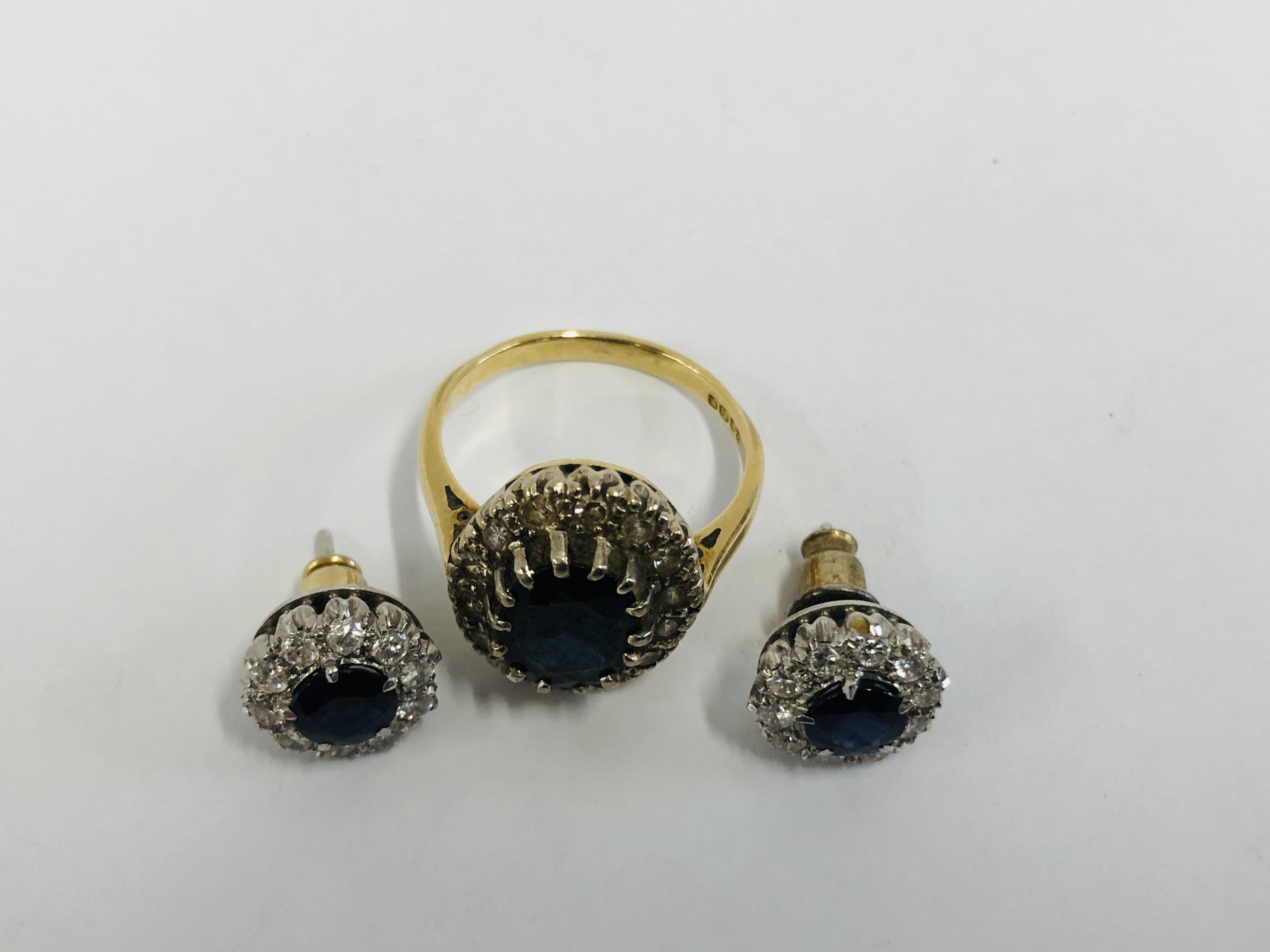 A PAIR OF WHITE METAL DIAMOND AND SAPPHIRE SET EARRINGS, - Image 2 of 10