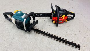 A HOMELITE 14 INCH HCS 3335 CHAINSAW ALONG WITH A KINGFISHER FPWT26-2 PETROL HEDGE TRIMMER - SOLD