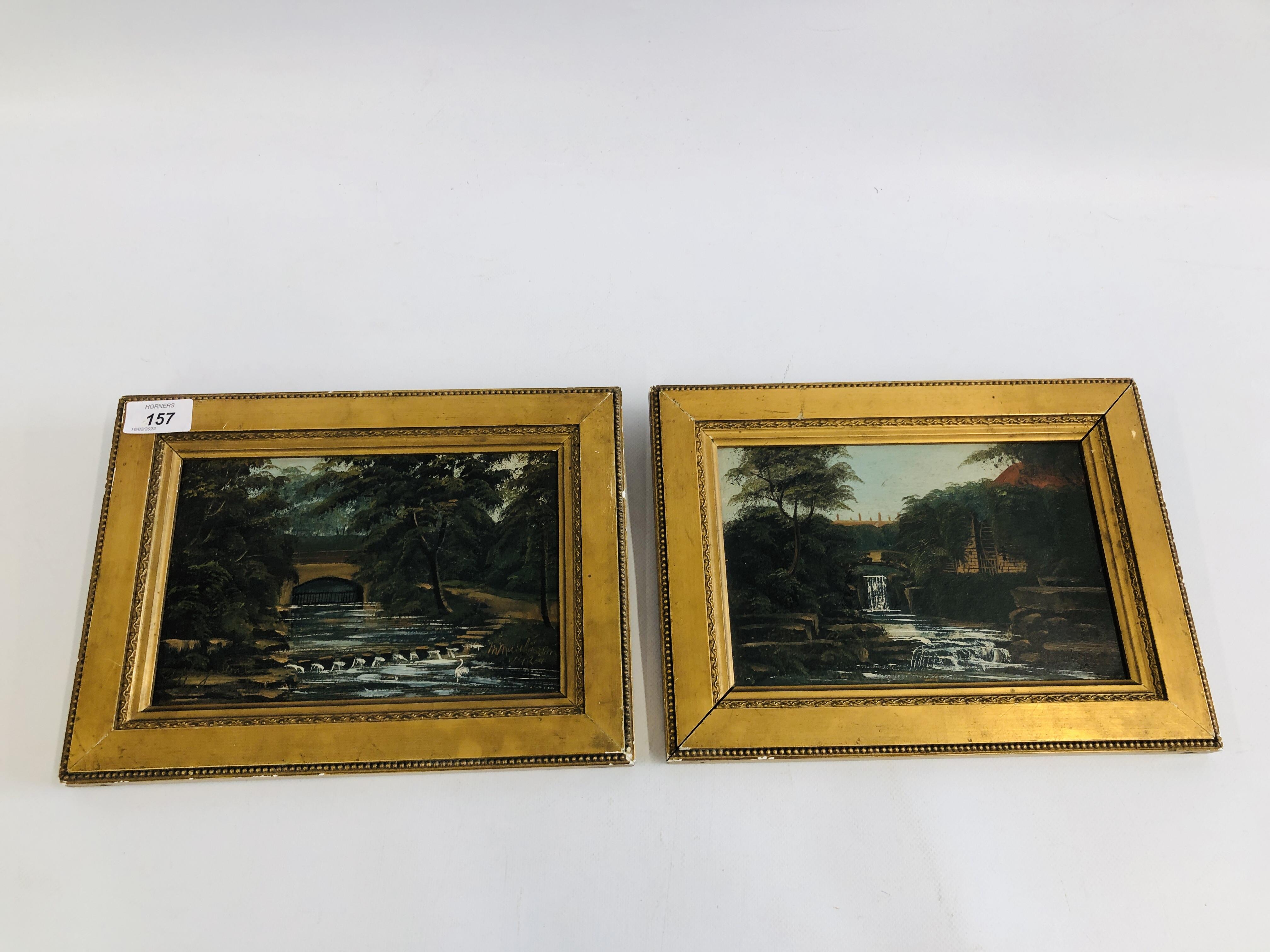 A PAIR OF GILT FRAMED OIL ON BOARDS RIVER SCENES, BEARING SIGNATURE M.
