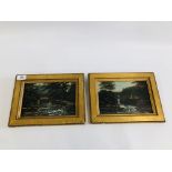 A PAIR OF GILT FRAMED OIL ON BOARDS RIVER SCENES, BEARING SIGNATURE M.