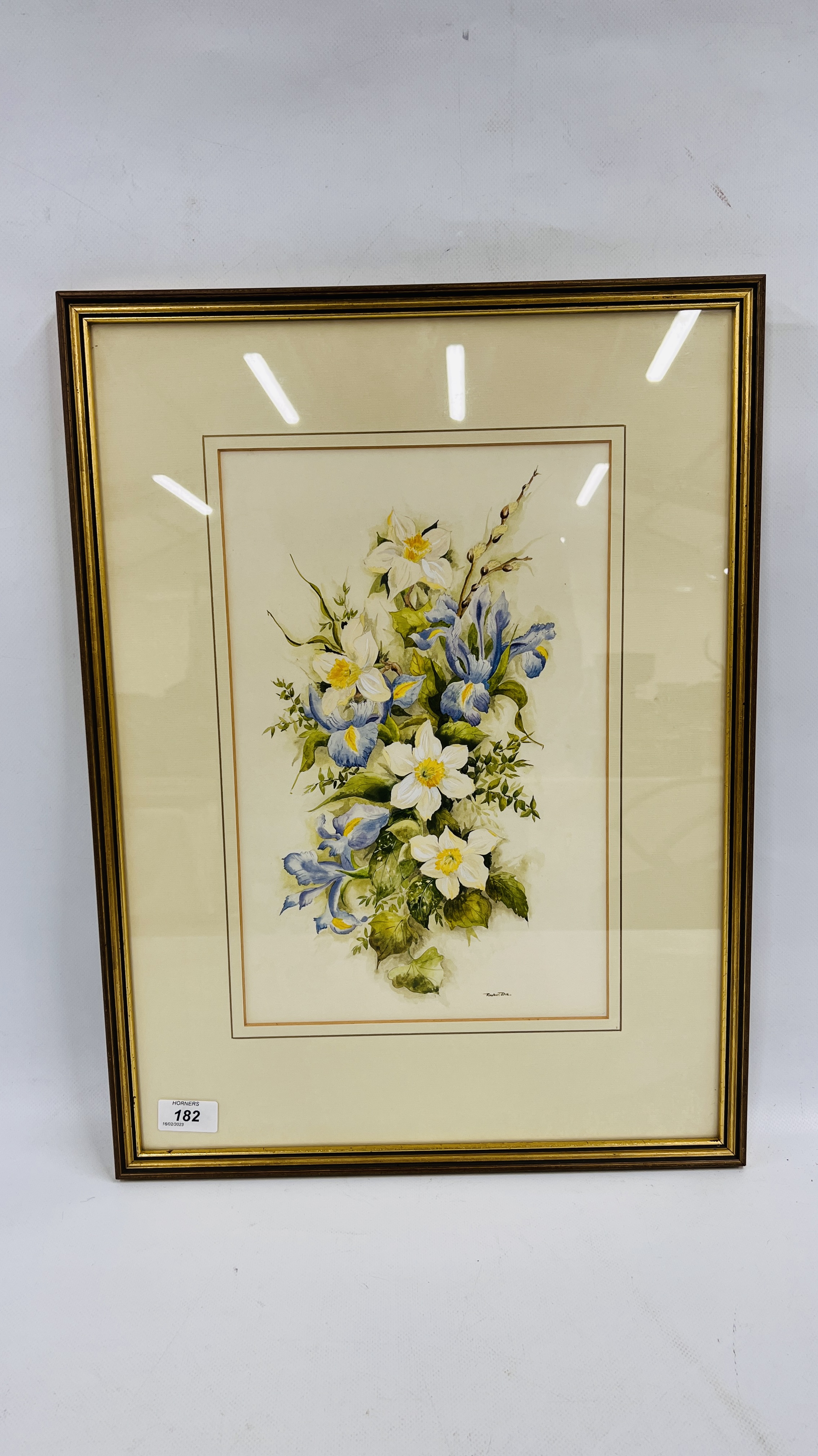 FRAMED AND GLAZED STILL LIFE WATERCOLOUR BY 'RACHEL DEE' TITLED 'IRISES AND DAFFODILS' 15" X 10".