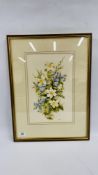 FRAMED AND GLAZED STILL LIFE WATERCOLOUR BY 'RACHEL DEE' TITLED 'IRISES AND DAFFODILS' 15" X 10".
