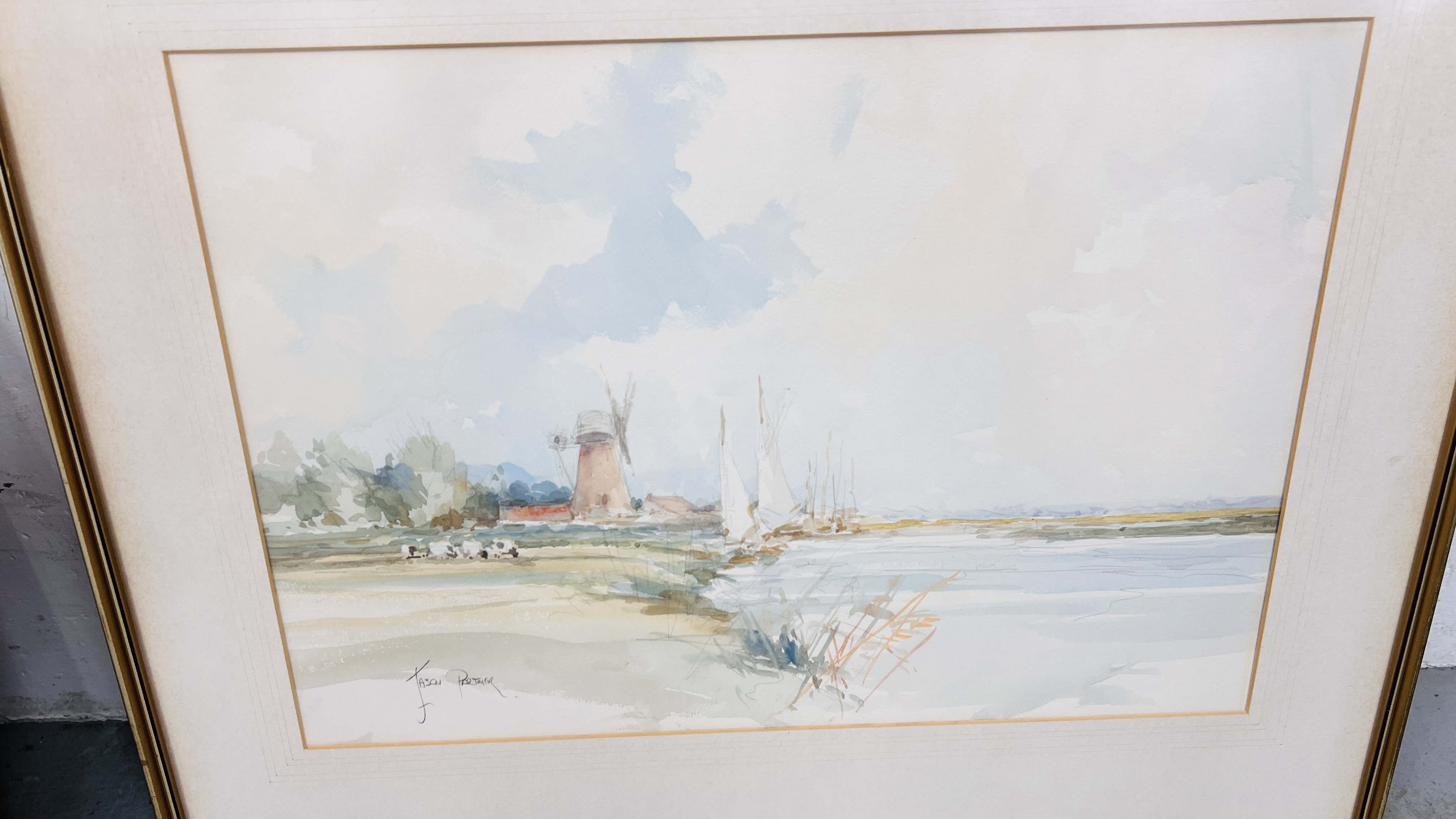 WATERCOLOUR BEARING SIGNATURE JASON PARTNER "RIVER SCENE WITH WINDMILL" 35 X 50. - Image 3 of 3