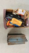 A BOX CONTAINING VARIOUS HAND TOOLS TO INCLUDE SAWS,