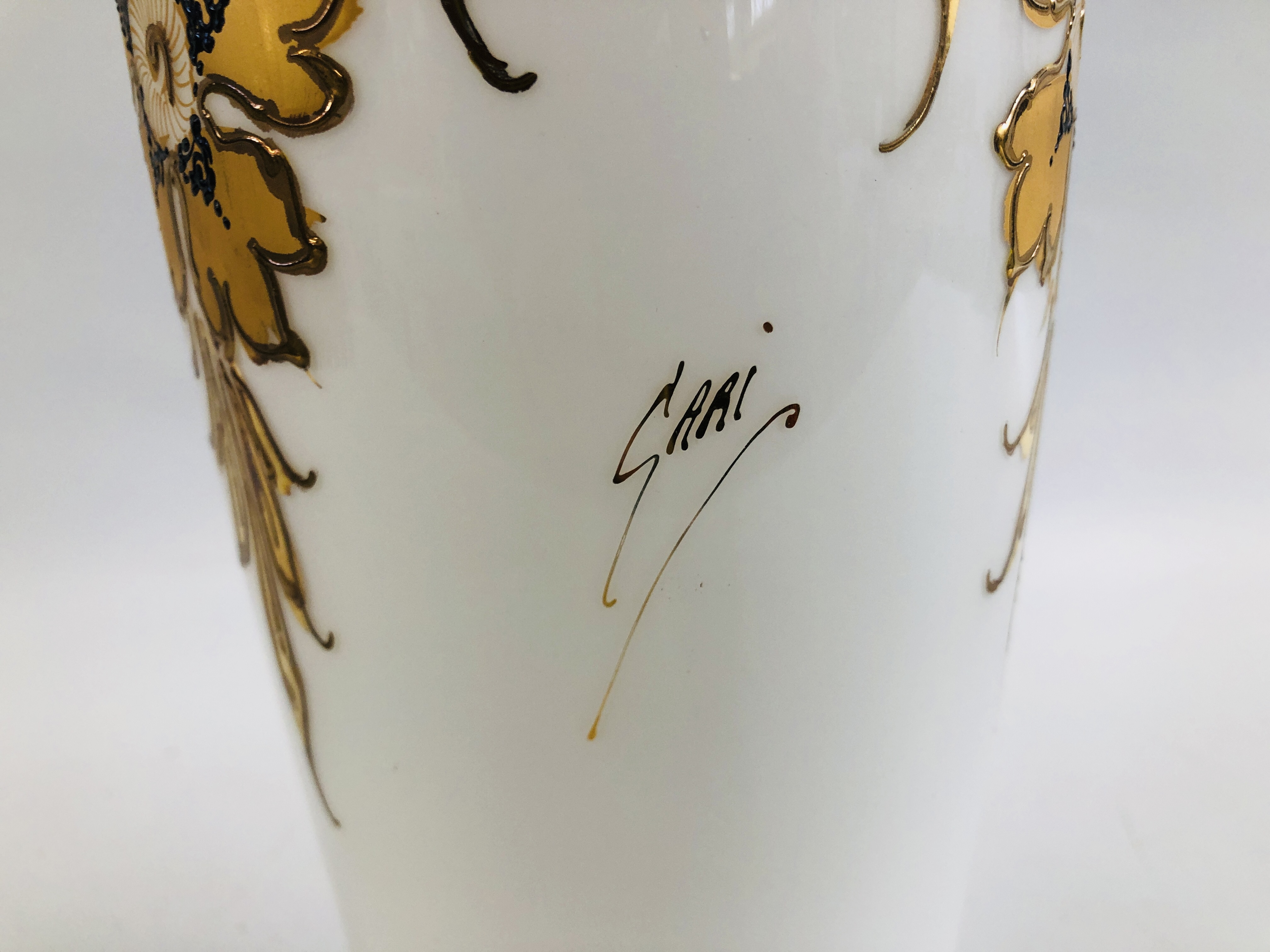 A LARGE ELABORATE WHITE GLASS VASE WITH APPLIED GILT FLORAL DECORATION BEARING SIGNATURE "CIARI", - Image 2 of 5