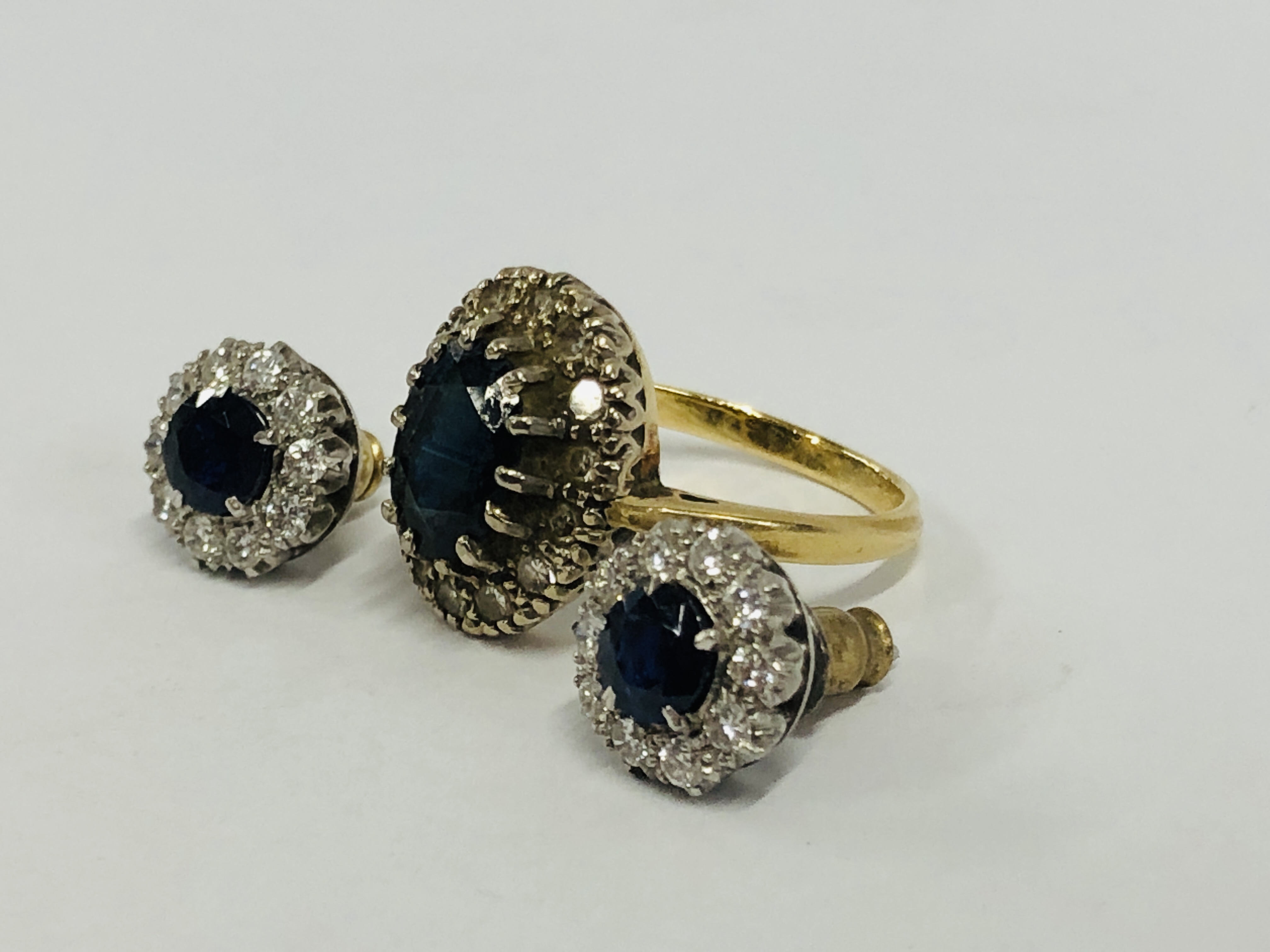 A PAIR OF WHITE METAL DIAMOND AND SAPPHIRE SET EARRINGS, - Image 4 of 10