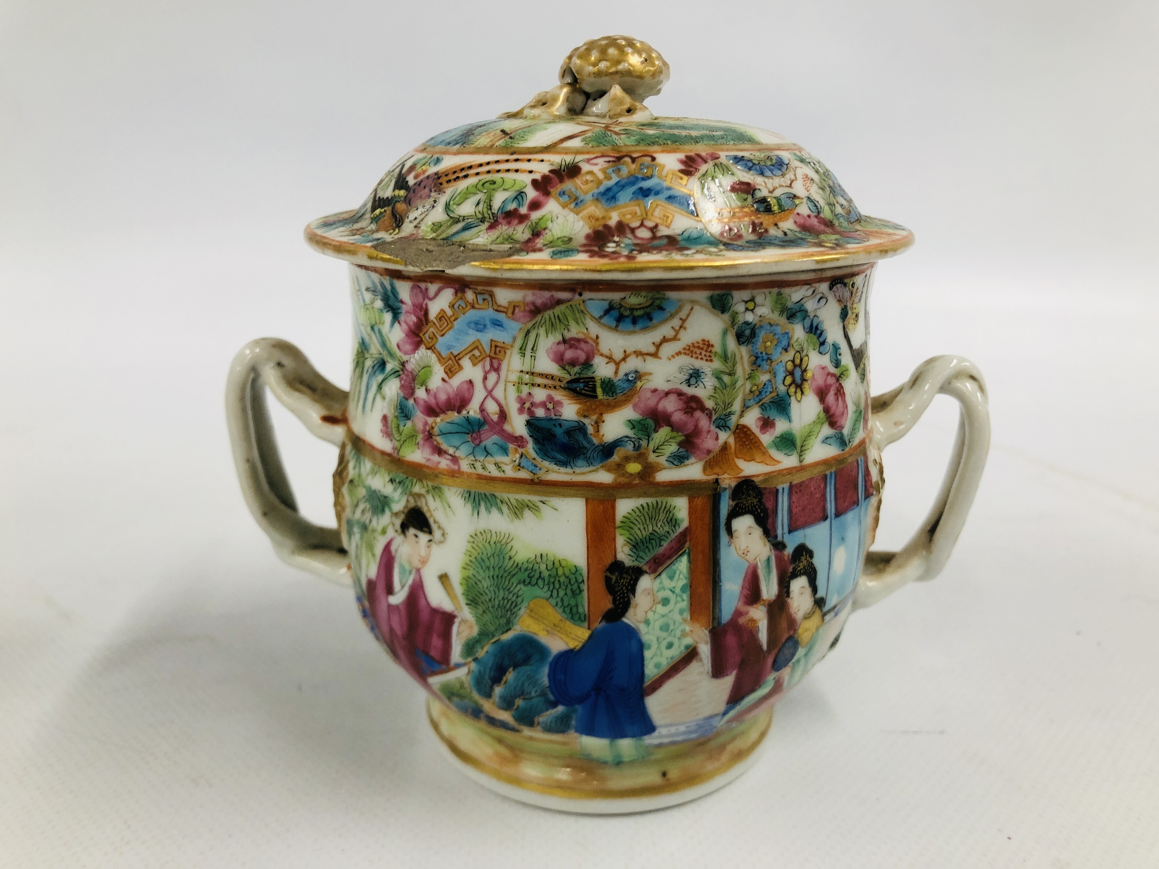 CANTONESE TEAPOT AND COVER ALONG WITH A SUGAR BASIN AND COVER AND A PAIR OF TWO HANDLED BOWLS AND - Image 13 of 17