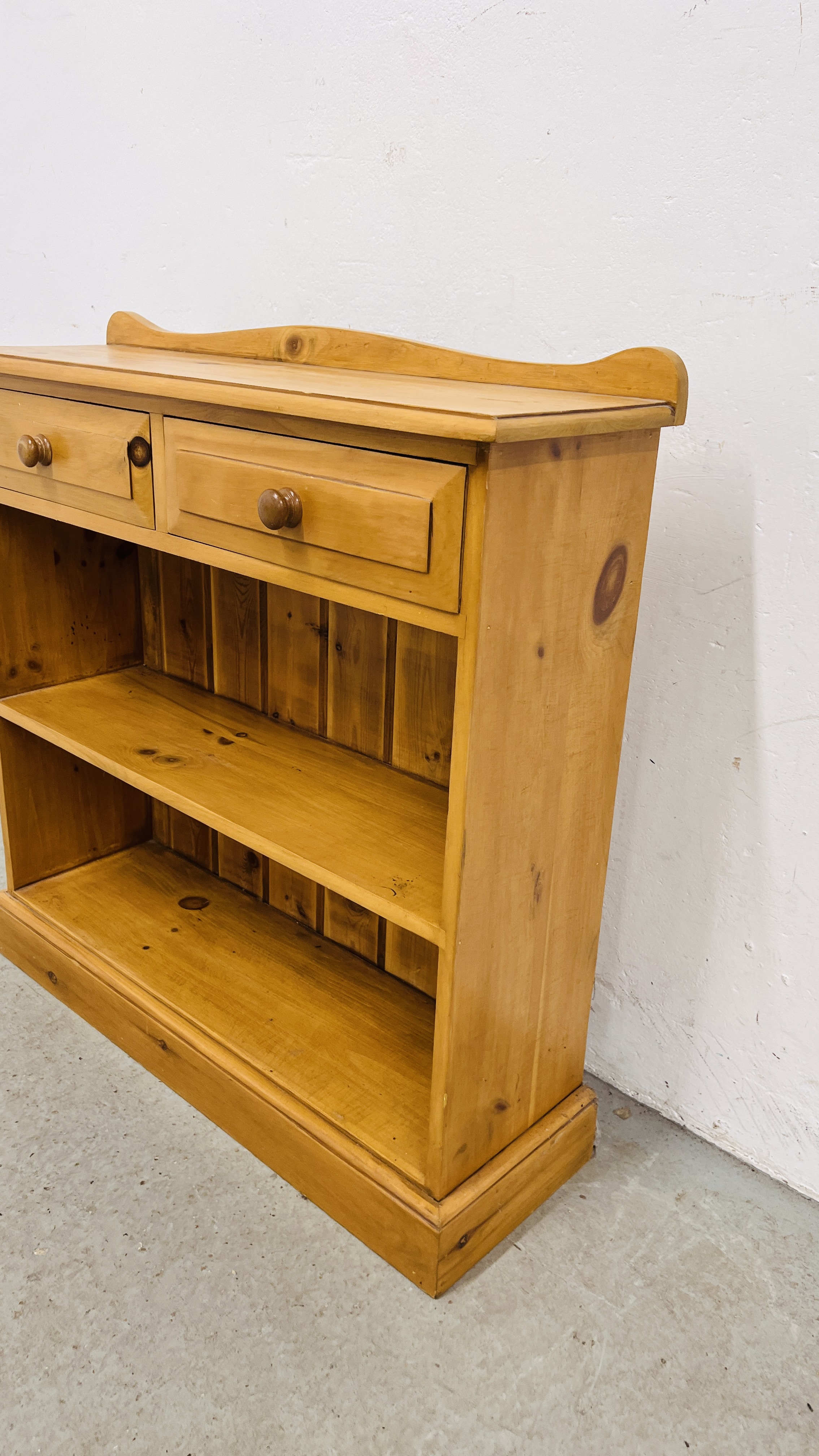 A WAXED PINE TWO TIER BOOKSHELF WITH DRAWERS, W 87CM, D 27CM, H 88CM. - Image 4 of 8