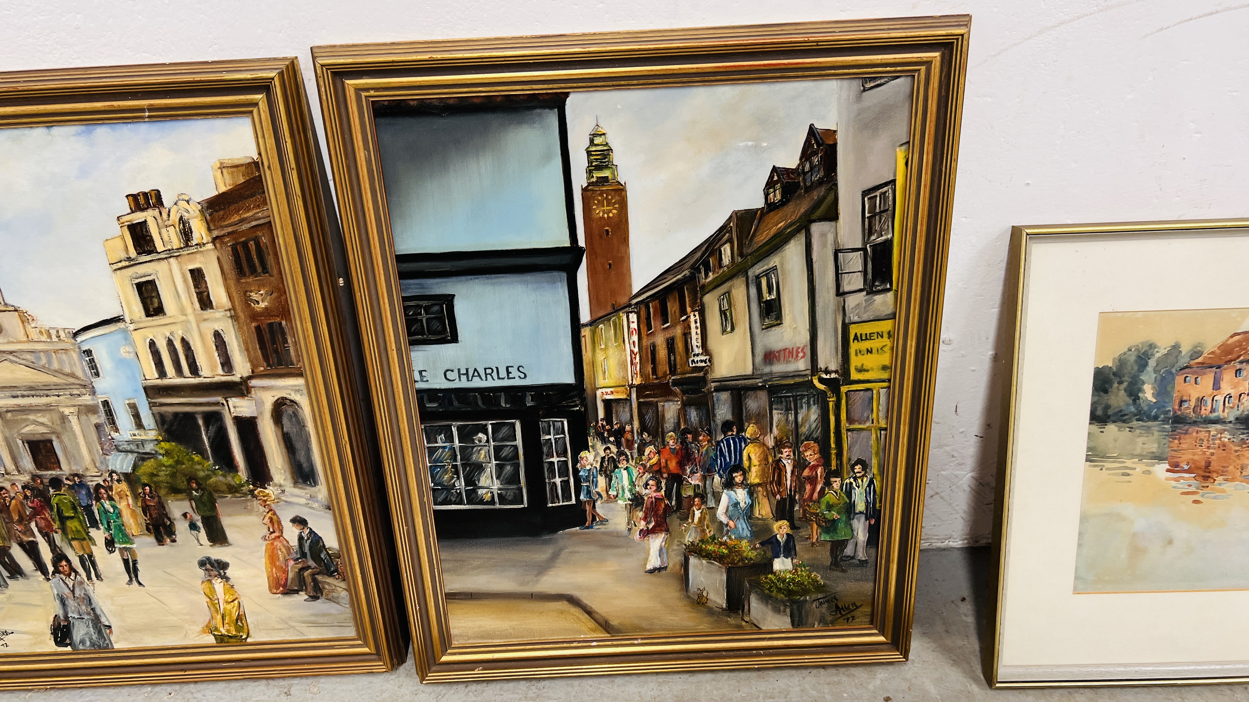 A GROUP OF THIRTEEN VARIOUS PRINTS AND PICTURES TO INCLUDE TWO JAMES ALLEN OIL ON BOARD NORWICH - Image 9 of 14