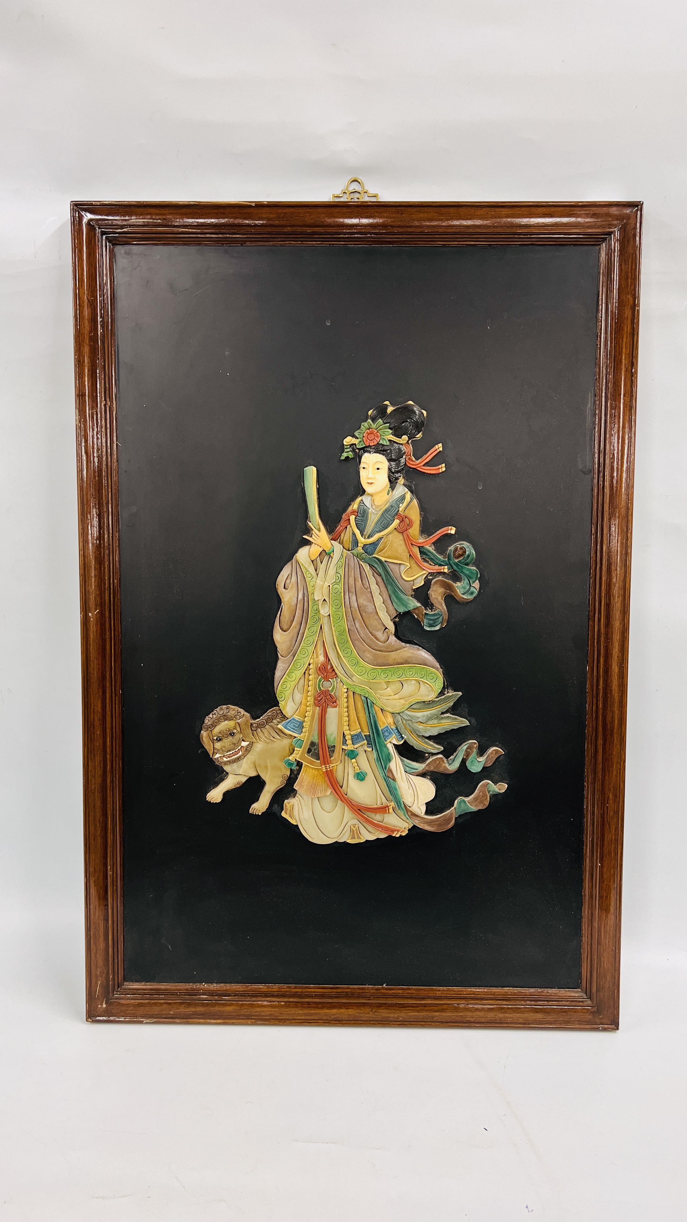 A FRAMED ORIENTAL LACQUERED WALL HANGING PANEL, H 91.5CM X W 61CM.